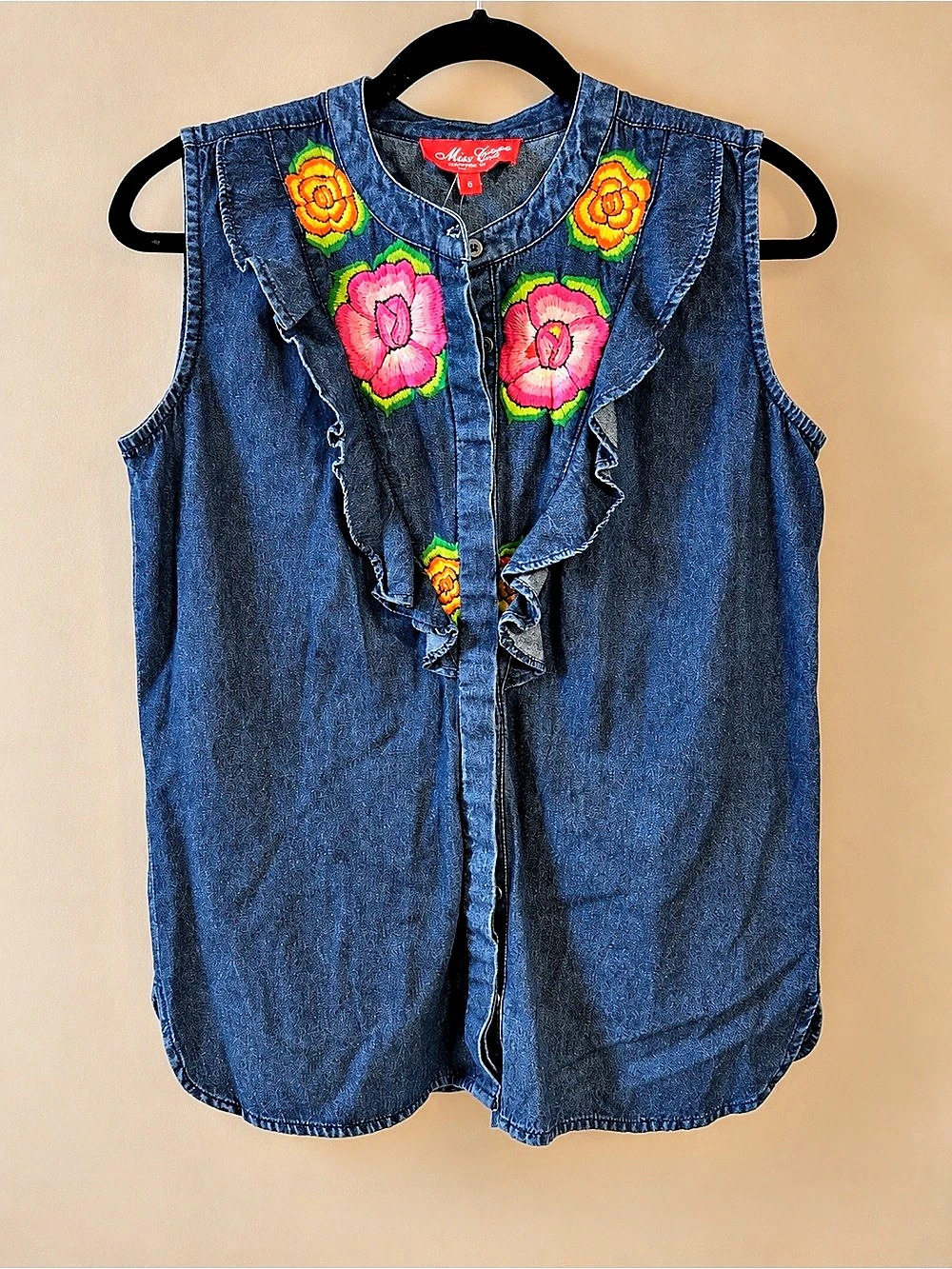 Miss Cocoa Floral Denim Vest Blue & Multicolor Size G